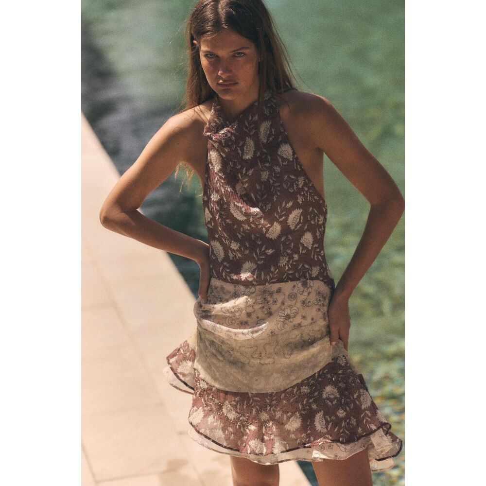 Zara Beaded Print Halter Mini Dress Floral Boho Open Back Size S NWT